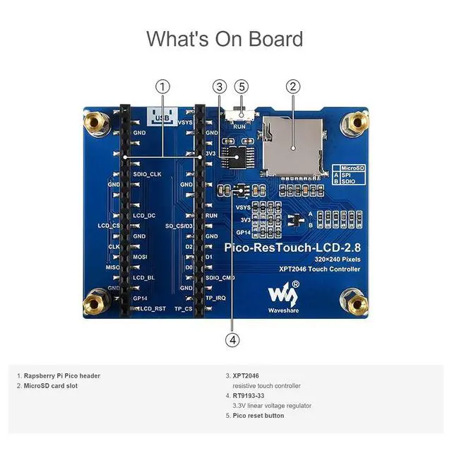 Alt view image 5 of 7 - 2.8 inch Touch Display Module for Raspberry Pi Pico, 2.8" SPI IPS LCD, 320×240 Touch Screen, 262K Colors, Resistive Touch Controller XPT2046, ST7789 Driver, Clear and Colorful Displaying Effect