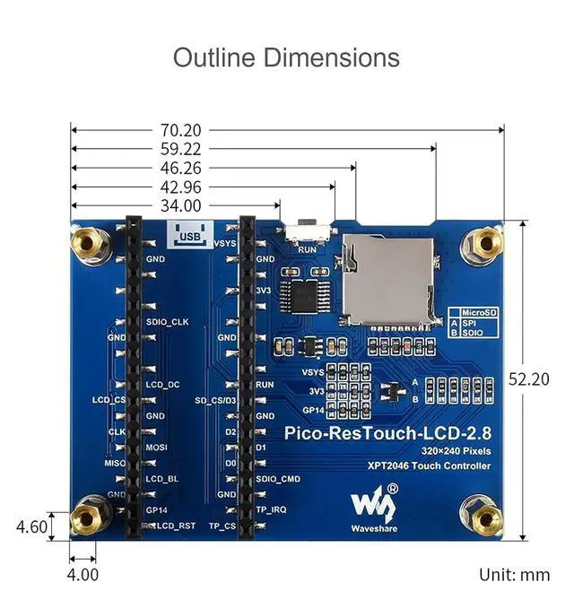 Alt view image 7 of 7 - 2.8 inch Touch Display Module for Raspberry Pi Pico, 2.8" SPI IPS LCD, 320×240 Touch Screen, 262K Colors, Resistive Touch Controller XPT2046, ST7789 Driver, Clear and Colorful Displaying Effect