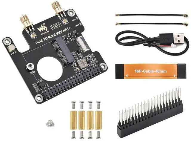 Main image of PCIe to M.2 E KEY HAT for Raspberry Pi 5, Compatible with Various 2230 Size NGFF (M.2 E Key) Wireless NICs, Support PCI-E×1 Gen2 or Gen3 Mode, Support USB Bluetooth Connection, HAT+ Standard