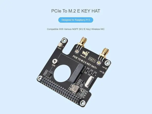 Alt view image 2 of 7 - PCIe to M.2 E KEY HAT for Raspberry Pi 5, Compatible with Various 2230 Size NGFF (M.2 E Key) Wireless NICs, Support PCI-E×1 Gen2 or Gen3 Mode, Support USB Bluetooth Connection, HAT+ Standard