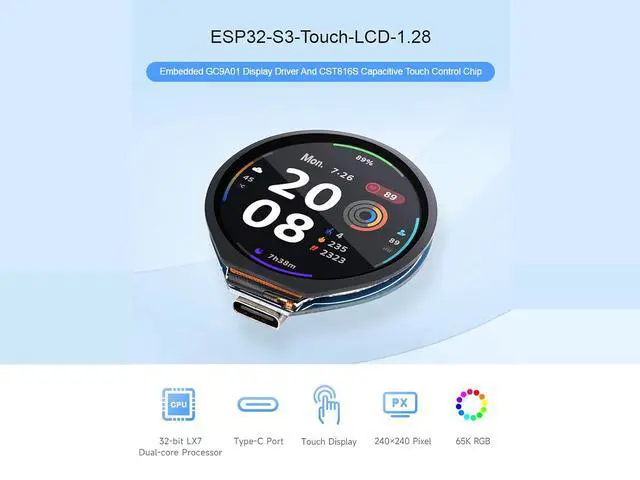 Alt view image 3 of 6 - ESP32-S3 MCU Board with Onboard 1.28inch Touch Display and 6-Axis Sensor etc. 32-bit LX7 Dual-core Processor, Supports 2.4GHz Wi-Fi (802.11 b/g/n) and Bluetooth 5, Type-C Connector