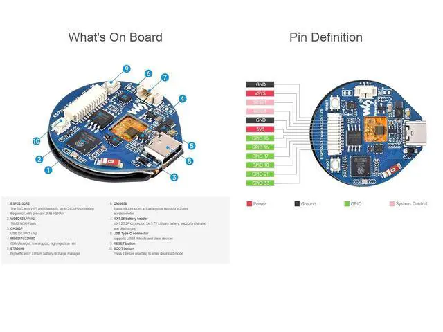 Alt view image 5 of 6 - ESP32-S3 MCU Board with Onboard 1.28inch Touch Display and 6-Axis Sensor etc. 32-bit LX7 Dual-core Processor, Supports 2.4GHz Wi-Fi (802.11 b/g/n) and Bluetooth 5, Type-C Connector
