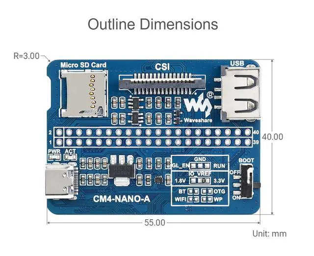 Alt view image 7 of 7 - Nano Base Board (A) for Raspberry Pi Compute Module 4, Same Size as CM4, with 1× Raspberry Pi 40PIN GPIO, 1× USB 2.0 Type A, 1× MIPI CSI-2 Port, 5V/ 2.5A USB Type C Power Supply Interface