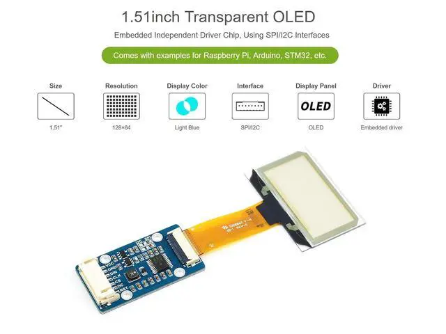 Alt view image 3 of 7 - 1.51inch OLED Transparent Module Light Blue Color Display 128×64 Pixels, Embedded Independent Driver Chip, SPI/I2C Interfaces, Support Controller Boards Like Raspberry Pi/Arduino/STM32
