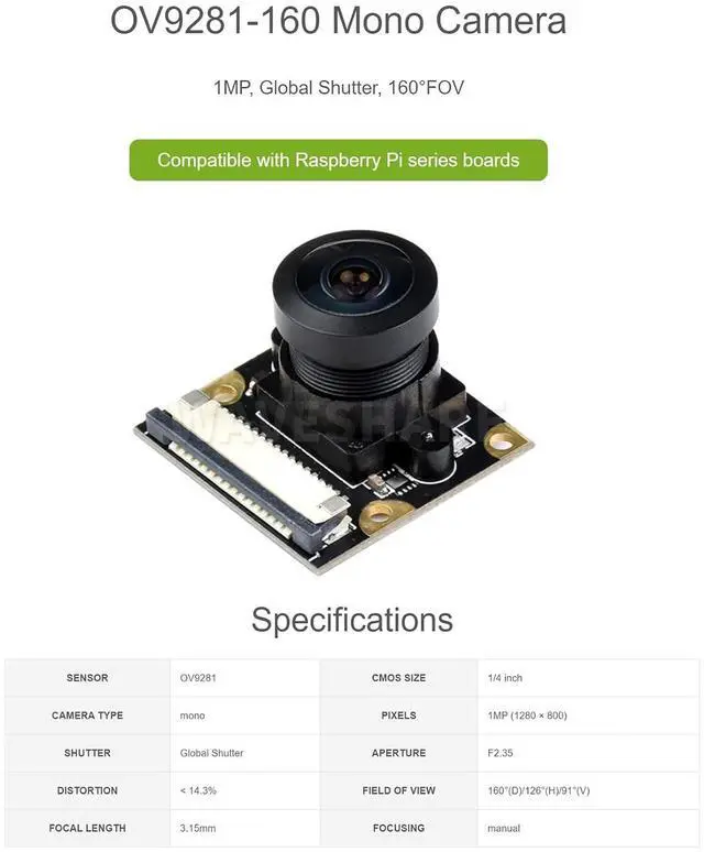Alt view image 3 of 7 - OV9281-160 Mono Camera for Raspberry Pi 4B/3B+/3A+/3B/2B/B+/A+, 160°FOV, 1MP, F2.35 Aperture, 3.15mm Focal Length, Manual Focus, Global Shutter, More Clear Imaging