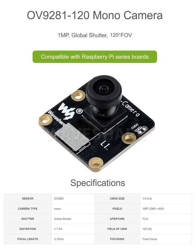 Alt view image 3 of 7 - OV9281-120 Mono Camera for Raspberry Pi 4B/3B+/3A+/3B/2B/B+/A+, 120°FOV, 1MP, F2.5 Aperture, 3.15mm Focal Length, Fixed Focus, Global Shutter, More Clear Imaging