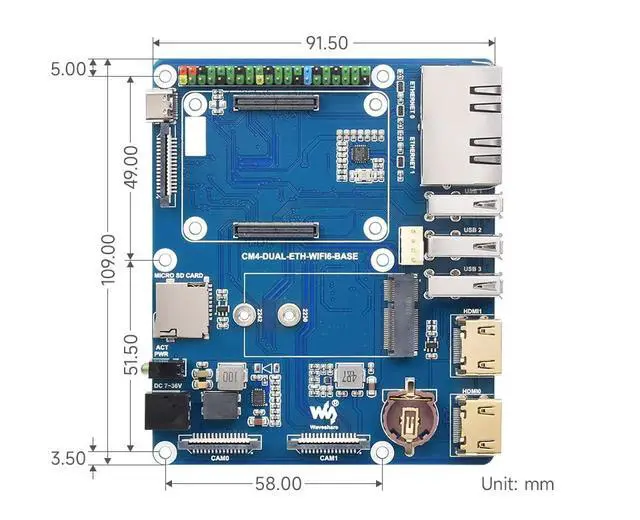 Alt view image 7 of 7 - WIFI6 Dual Ethernet Base Board for Compute Module 4, Compatible with WiFi AX210 & AX200 Module,Onboard Gigabit Ethernet RJ45 Connector x1, 100M Ethernet RJ45 Connector x 1,CSI-2 Camera Port x2,etc