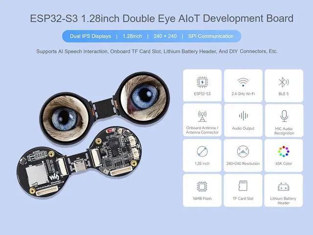 Alt view image 2 of 7 - ESP32-S3 1.28inch Double Eye Touch LCD AIoT Development Board, Onboard Dual 1.28inch IPS Displays 65K Color 240 × 240 Resolution, Supports AI Speech Interaction
