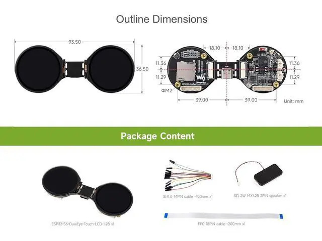 Alt view image 7 of 7 - ESP32-S3 1.28inch Double Eye Touch LCD AIoT Development Board, Onboard Dual 1.28inch IPS Displays 65K Color 240 × 240 Resolution, Supports AI Speech Interaction