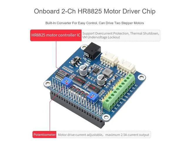 Alt view image 3 of 7 - Stepper Motor HAT (B) for Raspberry Pi/Jetson Nano, Dual HR8825 Motor Controller IC, Up to 1/32 Microstepping, Blue