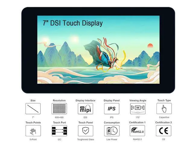 Alt view image 3 of 7 - 7inch Touch Screen Display DSI Interface IPS LCD Screen, 800×480 Resolution, up to 5-Point Capacitive Touch, Support Raspberry Pi 4B/3B+/3A+/3B/2B/B+/A+
