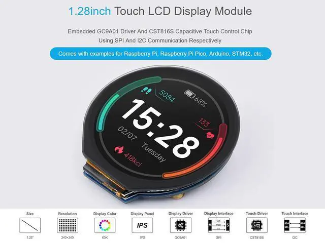 Alt view image 3 of 7 - 1.28inch Touch LCD Display Module, 240×240 Resolution Round LCD IPS Screen, 65K Colors Display, 4-Wire SPI and I2C Communication, Support Raspberry Pi/Raspberry Pi Pico/Arduino/STM32
