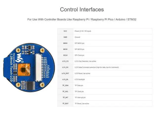 Alt view image 5 of 7 - 1.28inch Touch LCD Display Module, 240×240 Resolution Round LCD IPS Screen, 65K Colors Display, 4-Wire SPI and I2C Communication, Support Raspberry Pi/Raspberry Pi Pico/Arduino/STM32