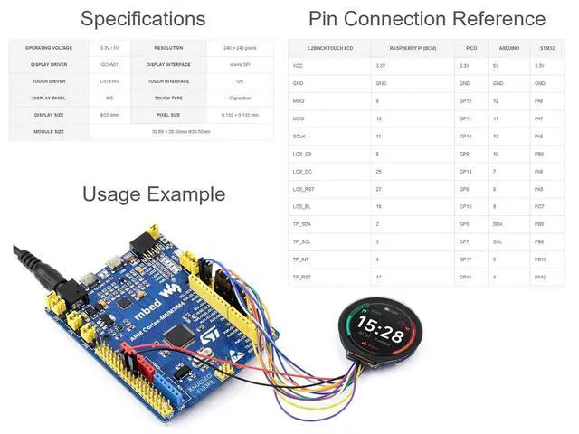 Alt view image 6 of 7 - 1.28inch Touch LCD Display Module, 240×240 Resolution Round LCD IPS Screen, 65K Colors Display, 4-Wire SPI and I2C Communication, Support Raspberry Pi/Raspberry Pi Pico/Arduino/STM32