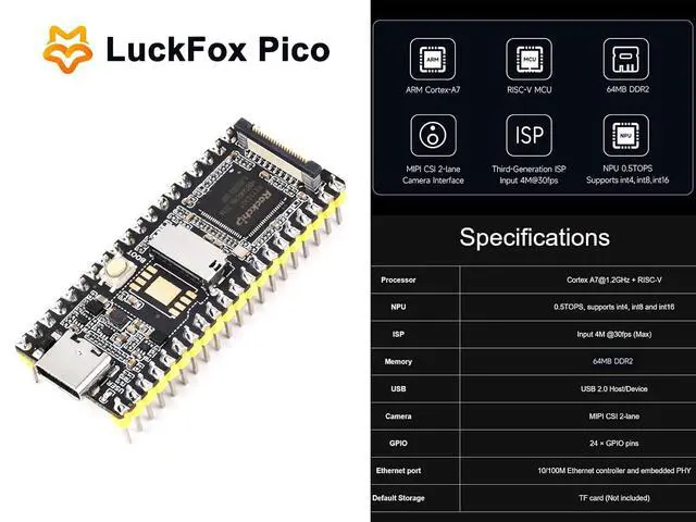 Alt view image 2 of 7 - LuckFox Pico Linux Micro Dev Board Based on RV1103 Chip, Integrate ARM Cortex-A7/RISC-V MCU/NPU/ISP Processors, Support MIPI CSI, GPIO, UART, SPl, I2C, USB Interfaces (with Header)