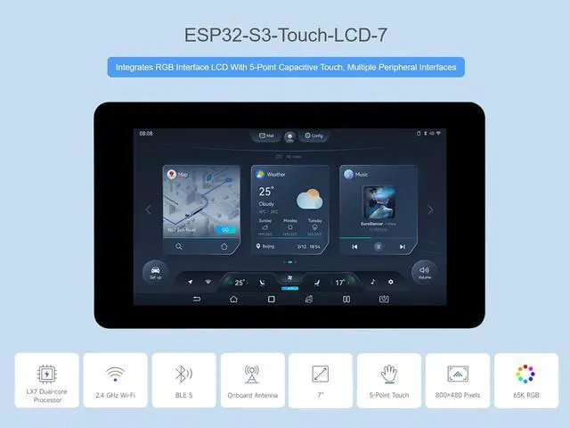 Alt view image 2 of 7 - ESP32-S3 7inch Touch Display Development Board, ESP32-S3 with 7inch LCD 800480 5-Point Touch Screen 65K RGB Display, Wi-Fi & Bluetooth 5, 8MB PSRAM and 8MB Flash