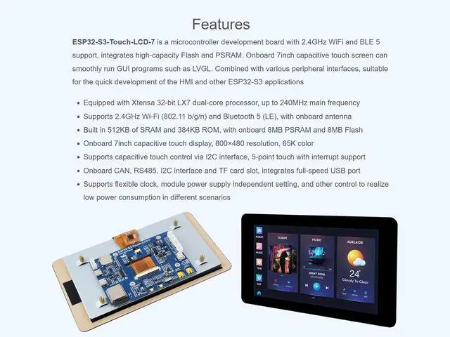 Alt view image 3 of 7 - ESP32-S3 7inch Touch Display Development Board, ESP32-S3 with 7inch LCD 800480 5-Point Touch Screen 65K RGB Display, Wi-Fi & Bluetooth 5, 8MB PSRAM and 8MB Flash