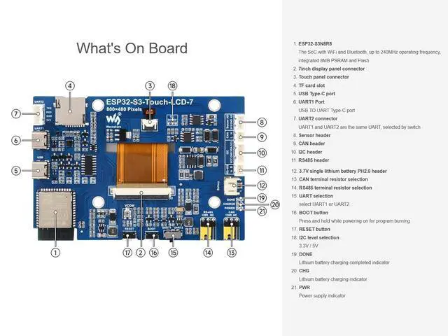 Alt view image 5 of 7 - ESP32-S3 7inch Touch Display Development Board, ESP32-S3 with 7inch LCD 800480 5-Point Touch Screen 65K RGB Display, Wi-Fi & Bluetooth 5, 8MB PSRAM and 8MB Flash