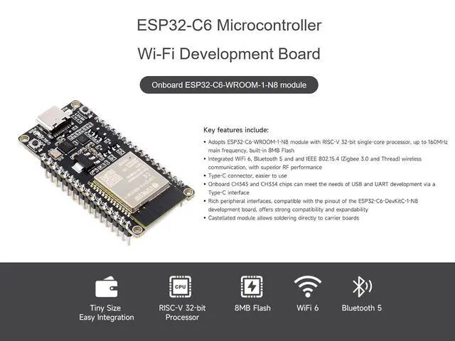 Alt view image 2 of 6 - ESP32-C6 RISC-V Microcontroller WiFi 6 Development Board, Adopt ESP32-C6-WROOM-1-N8 Module, 160MHz Single-core Processor, Support USB and UART Development (with Pinheader)
