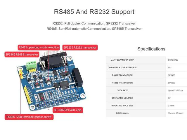 Alt view image 4 of 7 - RS485 RS232 HAT for Raspberry Pi Isolated RS485 RS232 Expansion Board Adopt SC16IS752+SP3485, SP3232 Scheme, Converts SPI to RS485, RS232, Communication Rate up to 921600bps, Multi Protection Circuits