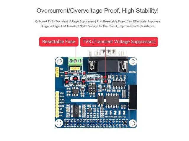 Alt view image 5 of 7 - RS485 RS232 HAT for Raspberry Pi Isolated RS485 RS232 Expansion Board Adopt SC16IS752+SP3485, SP3232 Scheme, Converts SPI to RS485, RS232, Communication Rate up to 921600bps, Multi Protection Circuits