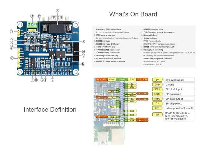 Alt view image 6 of 7 - RS485 RS232 HAT for Raspberry Pi Isolated RS485 RS232 Expansion Board Adopt SC16IS752+SP3485, SP3232 Scheme, Converts SPI to RS485, RS232, Communication Rate up to 921600bps, Multi Protection Circuits
