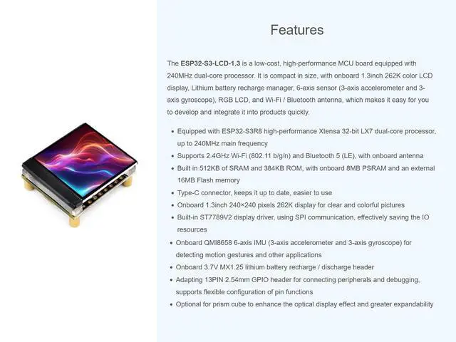 Alt view image 4 of 6 - ESP32-S3 1.3inch Display Development Board, with Onboard 1.3inch LCD 240×240 Pixels 262K Color Display, Built-in ST7789V2 Display Driver Chip and 6-Axis IMU, Supports 90° Hardware Rotation