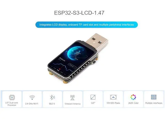 Alt view image 2 of 7 - ESP32-S3 Development Board with 1.47inch LCD Screen 172×320 262K Color Display, Support 2.4GHz WiFi & Bluetooth 5, Dual-core Processor up to 240MHz Frequency, Built-in RGB LED