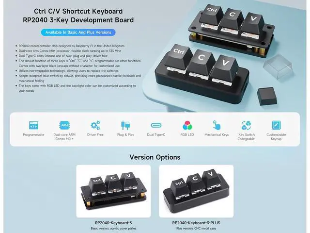 Alt view image 3 of 7 - RP2040 3-Key Development Board Ctrl C/V Shortcut Keyboard for Programmers, Adopts RP2040 Microcontroller Chip, Programmable Key Function, Dual Type-C Ports, Plug and Play, Driver Free
