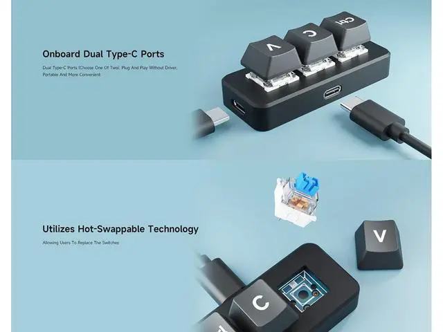 Alt view image 4 of 7 - RP2040 3-Key Development Board Ctrl C/V Shortcut Keyboard for Programmers, Adopts RP2040 Microcontroller Chip, Programmable Key Function, Dual Type-C Ports, Plug and Play, Driver Free