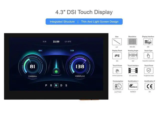 Alt view image 3 of 7 - 4.3inch DSI Touch Display for Raspberry Pi 4B/3B+/3A+/3B/2B/B+/A+, Thin & Light Touch Screen 800×480 Resolution IPS Display, Support 5-Point Capacitive Touch