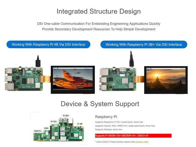 Alt view image 4 of 7 - 4.3inch DSI Touch Display for Raspberry Pi 4B/3B+/3A+/3B/2B/B+/A+, Thin & Light Touch Screen 800×480 Resolution IPS Display, Support 5-Point Capacitive Touch