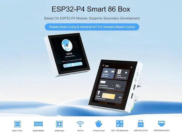 Alt view image 2 of 7 - ESP32-P4 Smart 86 Box Development Board Adopt ESP32-P4-Core and ESP32-C6 Wi-Fi 6/BT Module, Onboard 4inch LCD 720×720 Pixel Touch Display, with MIPI-CSI, MIPI-DSI, USB 2.0 OTG, ETH Port, etc.