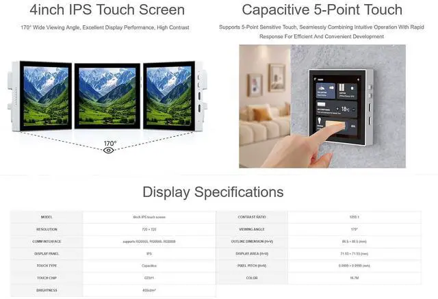 Alt view image 3 of 7 - ESP32-P4 Smart 86 Box Development Board Adopt ESP32-P4-Core and ESP32-C6 Wi-Fi 6/BT Module, Onboard 4inch LCD 720×720 Pixel Touch Display, with MIPI-CSI, MIPI-DSI, USB 2.0 OTG, ETH Port, etc.