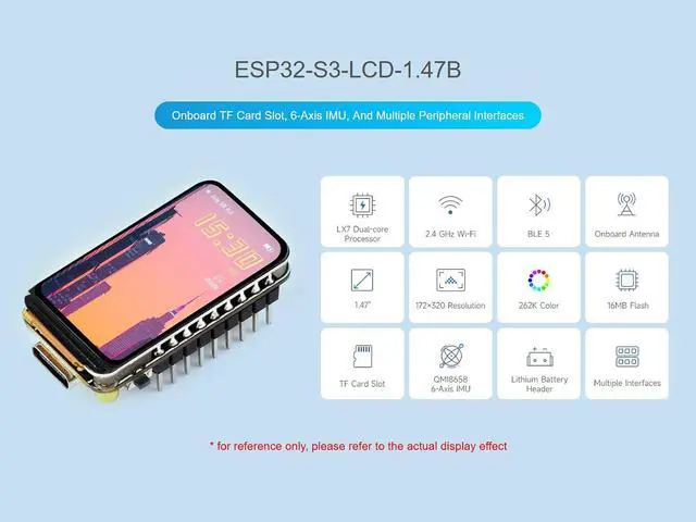 Alt view image 2 of 7 - ESP32-S3 1.47inch LCD Display Development Board, 172×320 262K Color Display, Onboard TF Card Slot, 6-Axis IMU, etc. Built-in RGB LED, Support 2.4GHz Wi-Fi and Bluetooth 5 (with Pinheader)