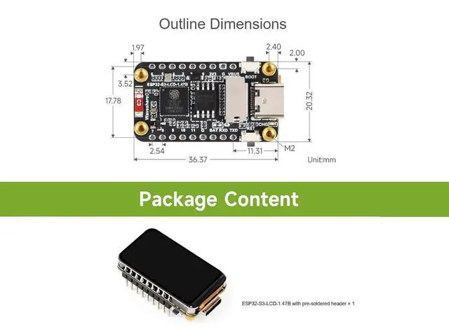 Alt view image 7 of 7 - ESP32-S3 1.47inch LCD Display Development Board, 172×320 262K Color Display, Onboard TF Card Slot, 6-Axis IMU, etc. Built-in RGB LED, Support 2.4GHz Wi-Fi and Bluetooth 5 (with Pinheader)