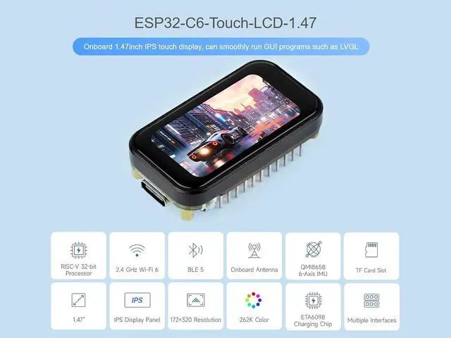Alt view image 2 of 7 - ESP32-C6 1.47inch LCD Touch Display Development Board, ESP32 with 1.47inch Screen 172×320 262K Color, Support 2.4GHz Wi-Fi 6 & Bluetooth 5, 160MHz RISC-V Processor, with Pinheader