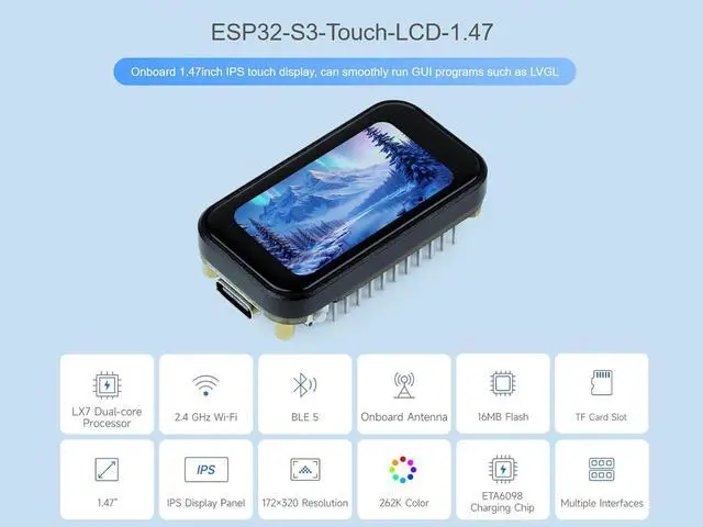 Alt view image 2 of 7 - ESP32-S3 Development Board with 1.47inch Touch LCD Display, 172×320 262K Color IPS Screen, Support 2.4GHz WiFi & Bluetooth 5, Dual-core Processor up to 240MHz Frequency, with Pinheader