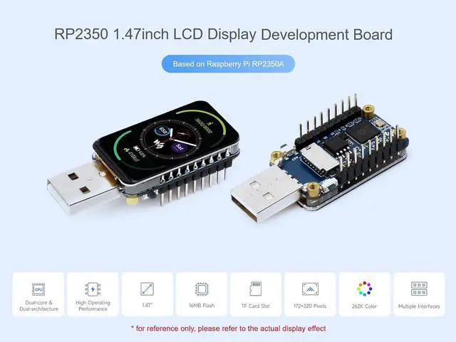 Alt view image 2 of 7 - RP2350 1.47inch LCD Display MCU Board Based on Raspberry Pi RP2350 Microcontroller, with Onboard 1.47inch LCD 172×320 Pixels 262K Color Display, RGB LED, etc., Type-A USB Port, with Pinheader