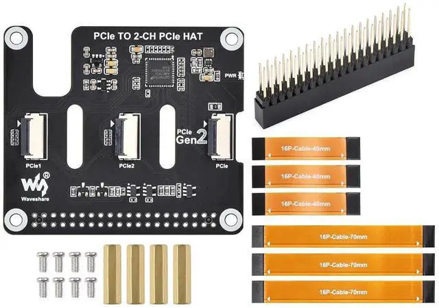 Main image of PCIe to 2-CH PCIe HAT for Raspberry Pi 5, 2-Ch PCIe FFC Adapter Board Connecting to PI5 via 16PIN Cable, Expand 2-Ch PCIe FFC Connectors, Easy Stacking of Multiple PCIe Hats, Support PCIe Gen2