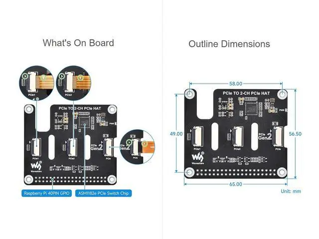 Alt view image 6 of 6 - PCIe to 2-CH PCIe HAT for Raspberry Pi 5, 2-Ch PCIe FFC Adapter Board Connecting to PI5 via 16PIN Cable, Expand 2-Ch PCIe FFC Connectors, Easy Stacking of Multiple PCIe Hats, Support PCIe Gen2