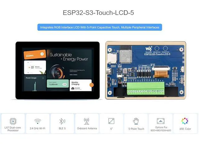 Alt view image 2 of 7 - ESP32-S3 Microcontroller Dev Board onboard 5inch Capacitive Touch Screen, 1024x600 RGB LCD 5-Point Touch Display, Dual-Core Processor up to 240MHz Frequency, Support Wi-Fi & Bluetooth