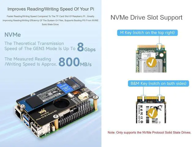 Alt view image 5 of 7 - PCIe to M.2 Adapter Card for Raspberry Pi 5, Compatible with NVMe Protocol M.2 SSD of 2280/2260/2242/2230 Size, Support PCI-E×1 Gen2/3 Mode, 8Gbps Data Rate, High-Speed Reading/Writing