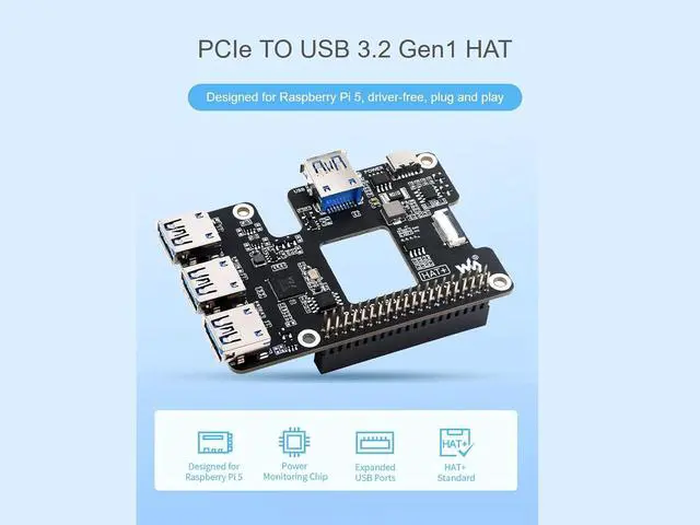 Alt view image 2 of 7 - PCIe to USB 3.2 Gen1 HAT for Raspberry Pi 5, PCIe to USB HUB, Onboard 4X USB 3.2 Gen1 Expanded Ports, PCI-E×1 Gen2 Mode, Support USB Power Control, Driver-Free, Plug and Play