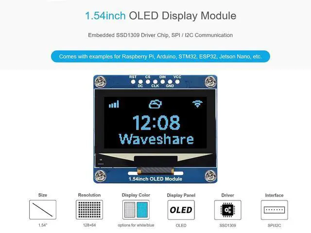 Alt view image 3 of 7 - 1.54inch OLED Display Module for Raspberry Pi/Arduino/STM32/ESP32/Jetson Nano etc. 128×64 Resolution, Blue Display Color, SPI / I2C Communication, Compatible with 3.3V / 5V MCUs