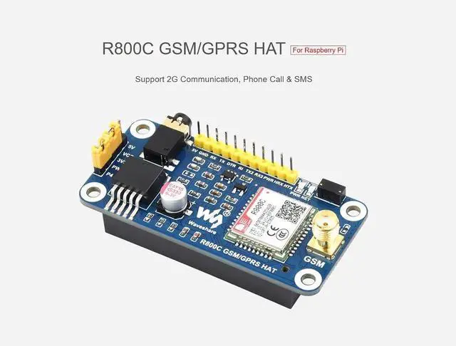 Alt view image 2 of 7 - R800C GSM GPRS HAT for Raspberry Pi Zero/Zero W/Zero WH/2B/3B/3B+/4B and Jetson Nano, Support 2G Communication, Phone Call, SMS, GPRS, TCP/IP, DTMF, HTTP, FTPl, etc.