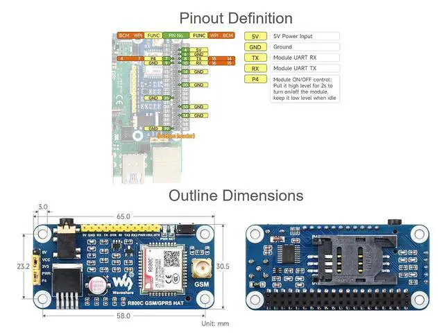 Alt view image 6 of 7 - R800C GSM GPRS HAT for Raspberry Pi Zero/Zero W/Zero WH/2B/3B/3B+/4B and Jetson Nano, Support 2G Communication, Phone Call, SMS, GPRS, TCP/IP, DTMF, HTTP, FTPl, etc.