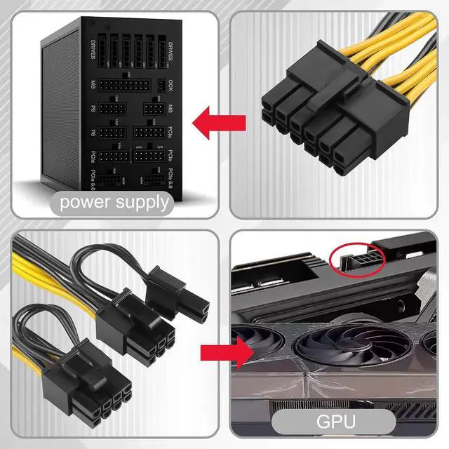 Alt view image 6 of 7 - 12PIN to PCIe 8Pin (6+2Pin) GPU Adapter Cable, 18AWG Modular PSU Cable Compatible with 12PIN Power Supplies, Dual 8Pin GPU Connector for RTX 30/40/50/RX 7900 Series (50cm/19.68in)