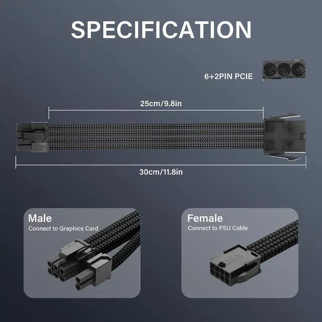 Alt view image 5 of 5 - 2PCS ATX 8PIN Famale to ATX 8PIN(6+2) Male Black Extension Cable Adaptor for PC Build High-End GPU Cable Layout - 30cm/11.8 in. (Black)