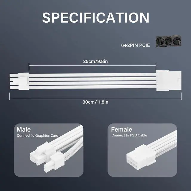 Alt view image 2 of 6 - 2PCS ATX 8PIN Famale to ATX 8PIN(6+2) Male Black Extension Cable Adaptor for PC Build High-End GPU Cable Layout - 30cm/11.8 in. (White;)
